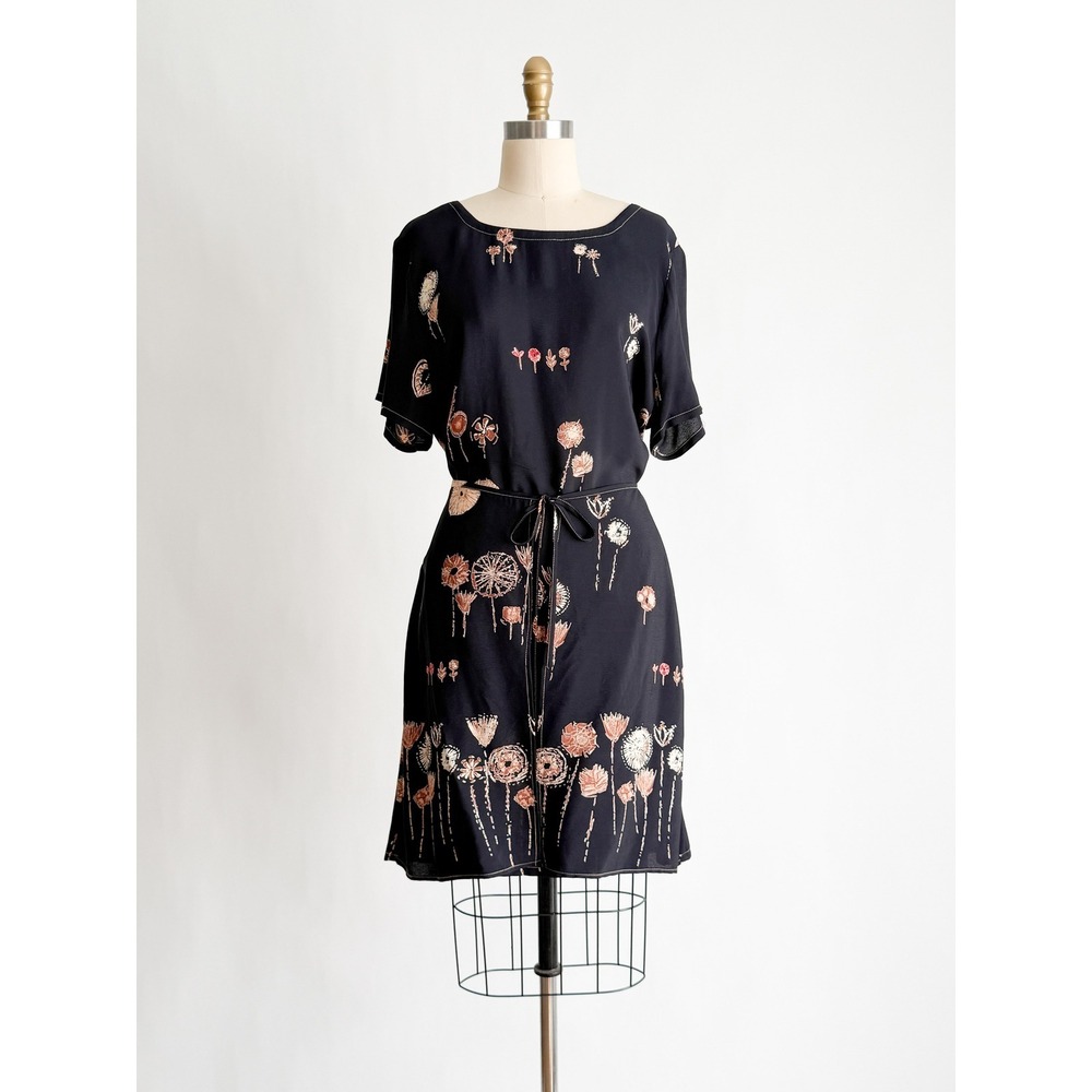 David Dart Collection Floral Shift Dress 90s Boho Botanical Large Black Rayon